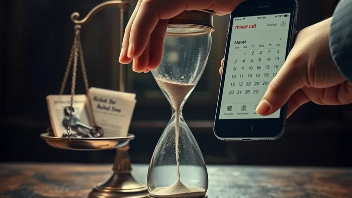 Символическая иллюстрация в стиле карты Таро: рука тянется к песочным часам, песок почти вышел. На весах справедливости — документы наследства и телефон с пропущенным вызовом.