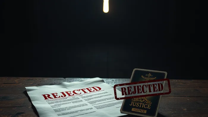 Символическое изображение: старый судебный документ со штампом 'ОТКАЗАНО' и карта Таро 'Правосудие' на столе, на фоне массивной двери с замочной скважиной.