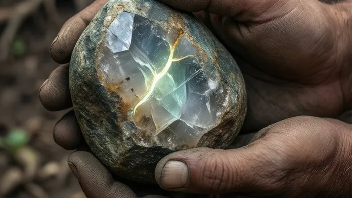 Руки держат необработанный камень с прожилкой кристалла внутри — символ скрытого потенциала карты Паж Пентаклей в Таро.