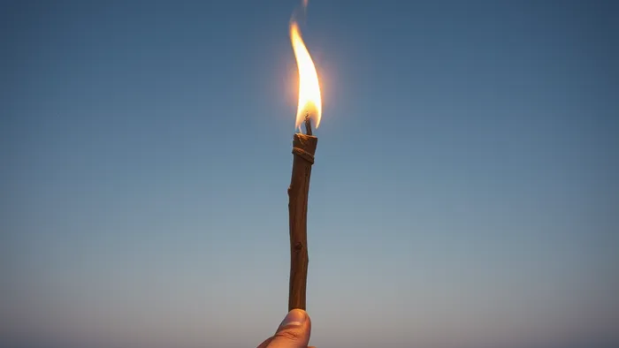 Рука, держащая жезл, с которого вспыхивает первая искра на фоне пустыни и звездного неба — визуализация архетипа Пажа Жезлов.