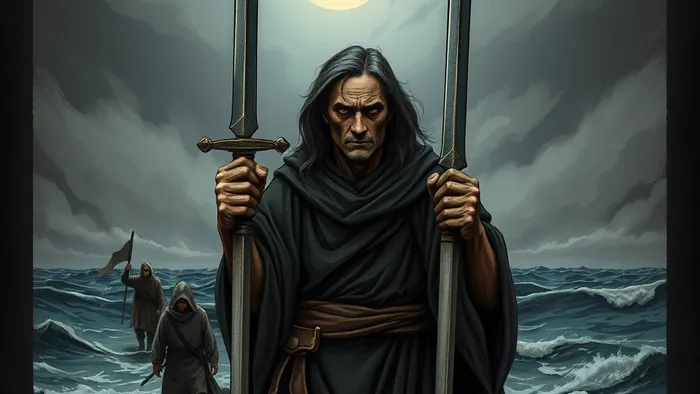 Иллюстрация карты Таро Пятерка Мечей: фигура с тремя мечами на фоне уходящих людей и хмурого неба