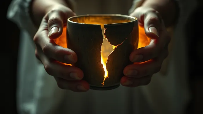 Символическое изображение хрупкости после измены: женские руки бережно держат старую треснувшую чашу, из трещин струится золотой свет.