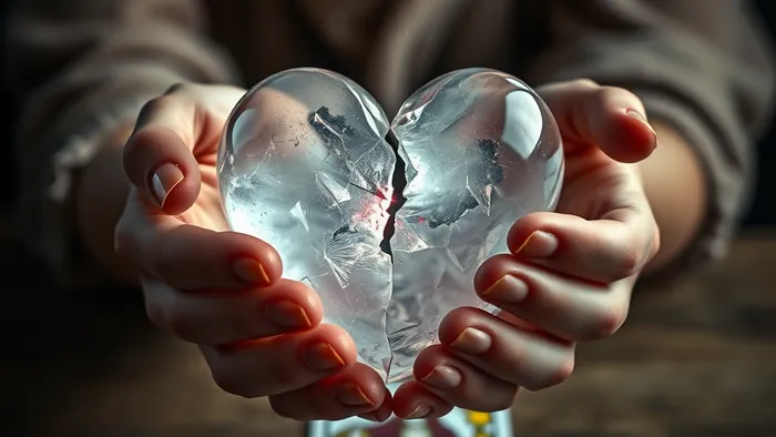 Символичное изображение треснувшего хрустального сердца в женских руках и карты Таро Верховная Жрица на столе - метафора эмоциональной раны и поиска скрытой истины.