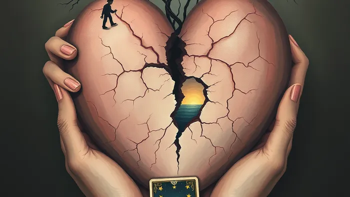 Символическое изображение исцеления обиды: руки держат треснувшее сердце, из трещин тянутся нити-связи к прошлому и будущему, рядом карта Таро 'Звезда'.