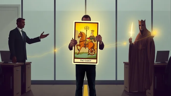 Символическое изображение человека на распутье между двумя начальниками, использующего карту Таро Колесница для навигации в конфликтной рабочей ситуации.