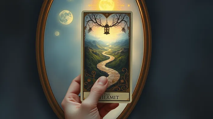 Символическое изображение психологического Таро: рука держит карту Таро перед зеркалом, в отражении которого виден внутренний ландшафт сознания с архетипическими символами.