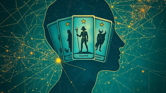 Символическое изображение связи психики и Таро: силуэт человека-зеркала, отражающего архетипические карты на фоне нейронной сети и космоса.