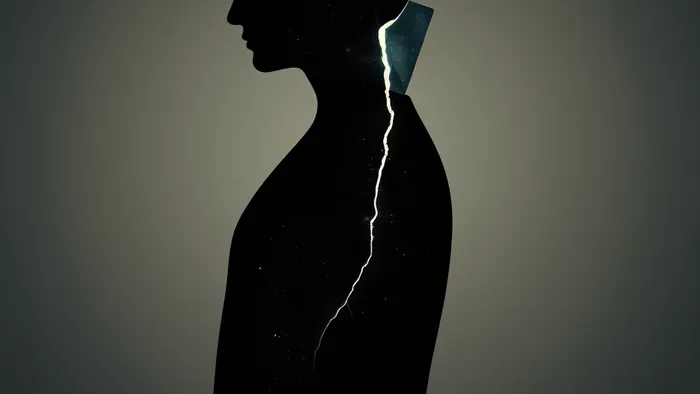 Символическое изображение человеческого силуэта, внутри которого парят архетипические образы карт Таро, иллюстрирующее связь психики и тела.