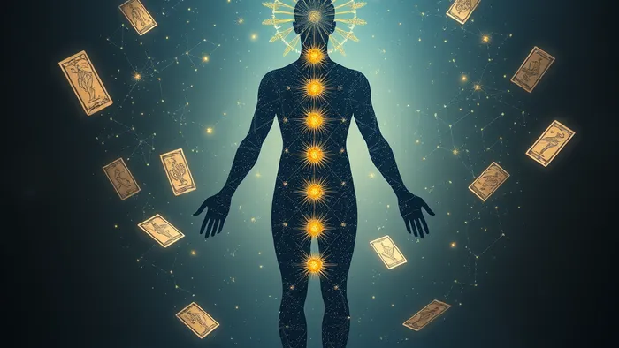 Символическое изображение связи тела и карт Таро: силуэт человека, состоящий из звёзд и арканов, парящих вокруг энергетических центров.