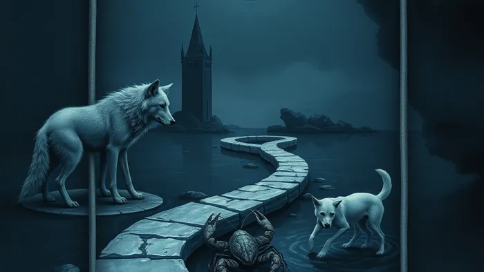 Сюрреалистическое изображение аркана Луна из Таро: извилистая дорога между волком и собакой, рак выползает из темной воды, две башни на фоне луны с человеческим профилем. Символизм подсознания и психотравмы.