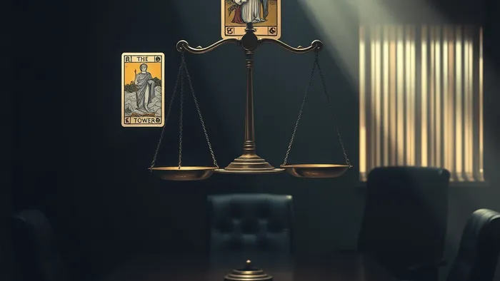 Символическая сцена в переговорной комнате: карта Таро 'Правосудие' парит над столом переговоров, на ее чашах карты 'Башня' и 'Отшельник'. Драматическое освещение.