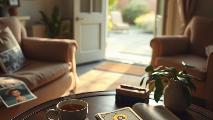 Символическое фото: уютная, тихая гостиная с раскрытой дверью в сад. На столе лежит карта Таро Отшельник, чашка чая и журнал. Теплый, надежный свет.