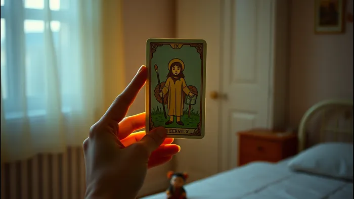 Руки держат светящуюся карту Таро Отшельник в полупустой уютной детской комнате в сумерках. Карта символизирует свет внутреннего поиска в период опустевшего гнезда.