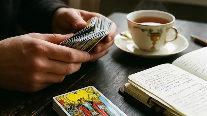 Руки начинающего практика раскрывают колоду карт Таро. На столе лежит карта Шута, блокнот для записей и чашка чая.