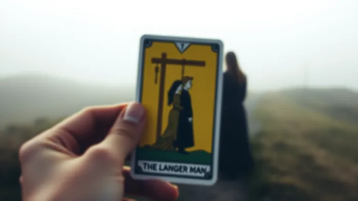 Символическое изображение выбора на перекрестке: женщина с картой Таро в руках и двое на развилке путей.