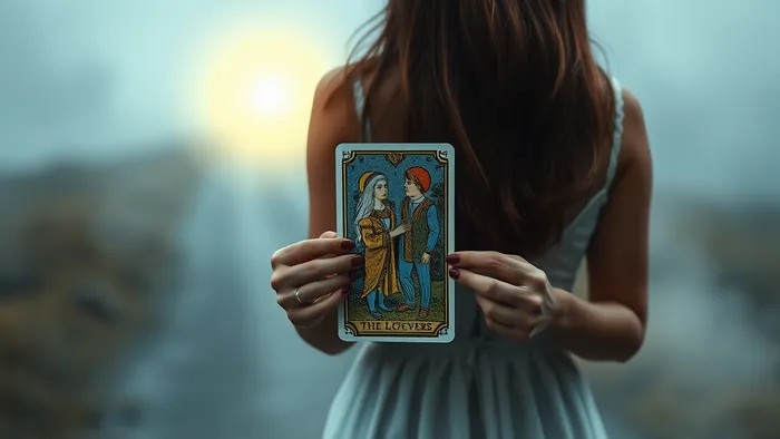 Символическое изображение выбора в отношениях: женщина на распутье с картой Таро в руках, одна тропа ведет к символу брака, другая — в светлое неизвестное.