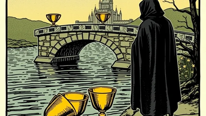 Человек в черном плаще склонился над тремя опрокинутыми золотыми кубками у реки, два полных кубка стоят на мосту позади него. Иллюстрация в стиле карты Таро Пятерка Кубков.