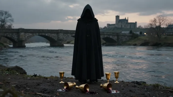 Карта Таро Пятерка Кубков в кинематографическом стиле: фигура в черном у реки и пролитые кубки