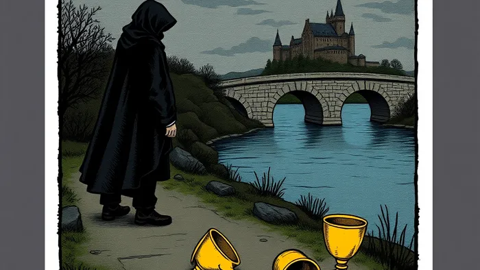 Иллюстрация карты Таро Пятерка Кубков: фигура в черном плаще скорбит над тремя опрокинутыми кубками у реки, не замечая два полных кубка позади.