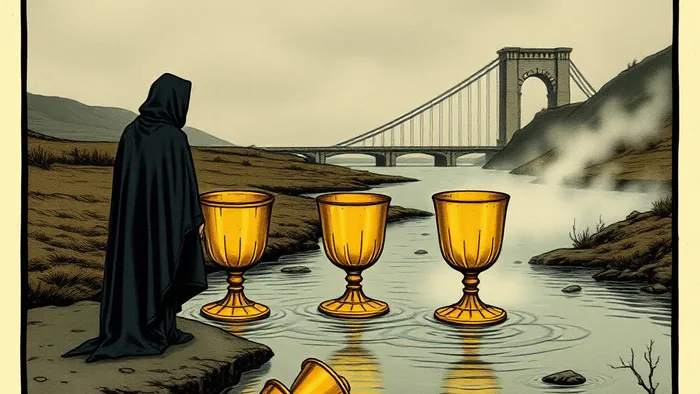 Иллюстрация карты Таро Пятерка Кубков: человек в чёрном плаще скорбит над тремя опрокинутыми чашами у мутного ручья, две полные чаши стоят на другом берегу.