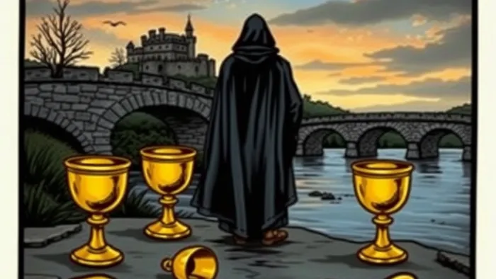 Детализированное изображение карты Таро Пятерка Кубков в стиле колоды Райдера-Уэйта: фигура в черном плаще скорбит над тремя опрокинутыми золотыми кубками, два полных кубка стоят сзади, на заднем плане — мост и замок.