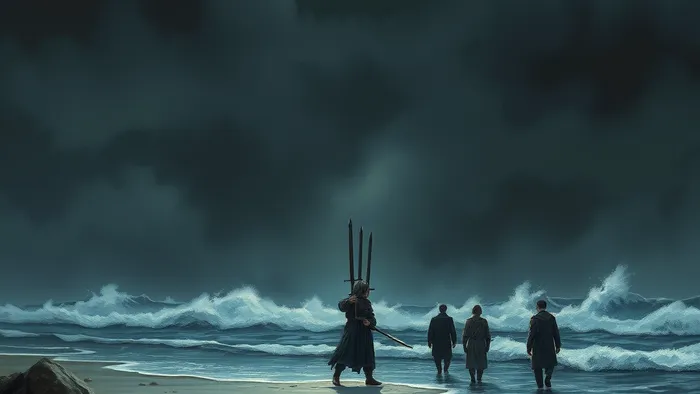 Иллюстрация карты Таро Пятерка Мечей: победитель с тремя мечами на фоне бурного моря и двух удаляющихся побежденных.