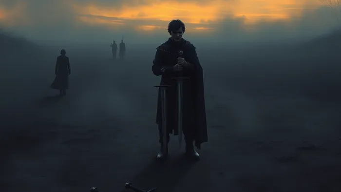 Символическое изображение карты Таро Пятерка Мечей: одинокая фигура на пустынном поле после битвы держит три меча, два лежат на земле.