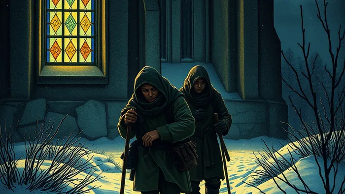 Детализированное изображение в стиле колоды Таро Райдера-Уэйта: Пятерка Пентаклей. Два человека в лохмотьях бредут по снегу мимо освещенного витражного окна церкви.