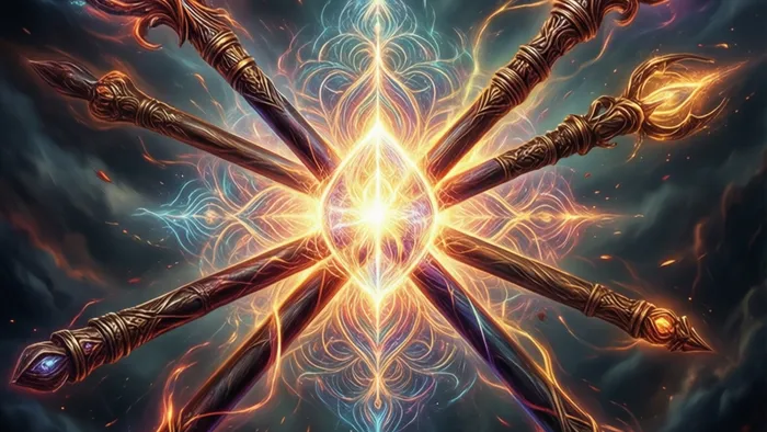 Символическое изображение Пятерки Жезлов Таро: пять энергетических жезлов сталкиваются, создавая в центре светящуюся мандалу роста.
