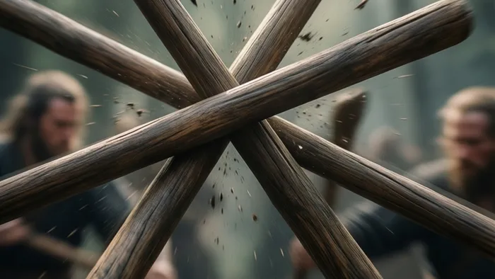 Пять деревянных посохов сталкиваются в динамичном движении, символизируя энергию и лёгкий хаос карты Пятерка Жезлов Таро.