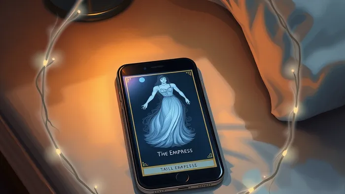 Символическое изображение телефона на тумбочке, показывающего перевернутую карту Таро 'Императрица', вокруг которой формируются светящиеся защитные границы. Магический реализм.