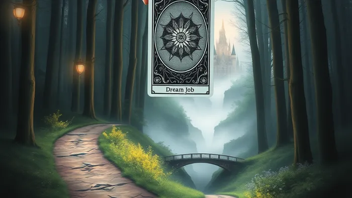 Символическое изображение выбора между двумя путями: накатанной дорогой со стабильным фонарем и заросшей тропой к сияющему замку через мост '6 месяцев'. Рука держит карту Таро Двойка Пентаклей над развилкой.