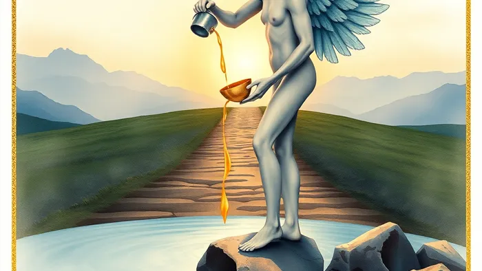 Аркан Умеренность из Таро: ангел смешивает воду из двух чаш, символизируя алхимию и интеграцию противоположностей