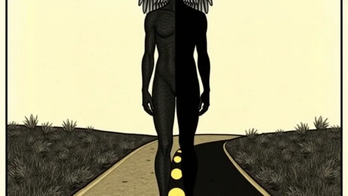 Символическая иллюстрация работы с тенью через аркан Влюбленные: фигура на перепутье, её тень разделена на два пути, ангел-посредник объединяет их.