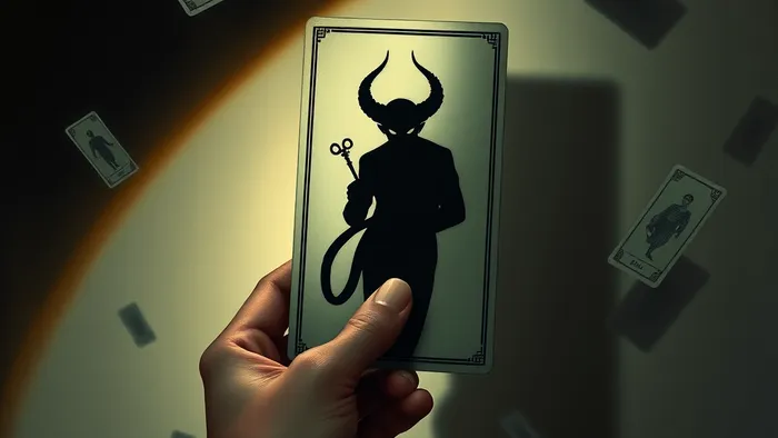 Символическое изображение руки, держащей карту Таро 'Дьявол', тень от которой сливается с человеческой фигурой, держащей ключ. Мистическая атмосфера самопознания.