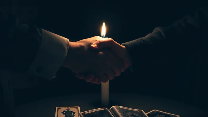 Символическое изображение рукопожатия бизнеса и дружбы, отбрасывающего тени в виде карт Таро Император и Шут. Свеча и колода карт на столе.