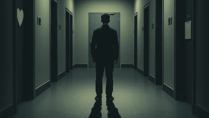 Символическое изображение дилеммы: человек на развилке между дверью с символом сердца (отношения) и дверью с символом портфеля (работа). Стилистика арт-карты Таро.