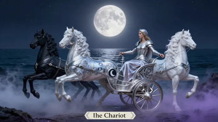 Карта Таро Колесница в стиле знака зодиака Рак: возничий в серебряных доспехах на фоне огромной луны и моря