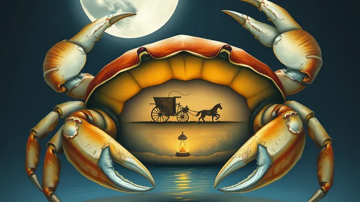 Символическое изображение связи знака Рак и Таро: панцирь краба как уютное внутреннее пространство, колесница на берегу под Луной.