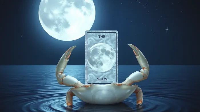 Символическое изображение связи Луны, знака Рака и карты Таро 'Луна' на фоне звёздного неба и океана.