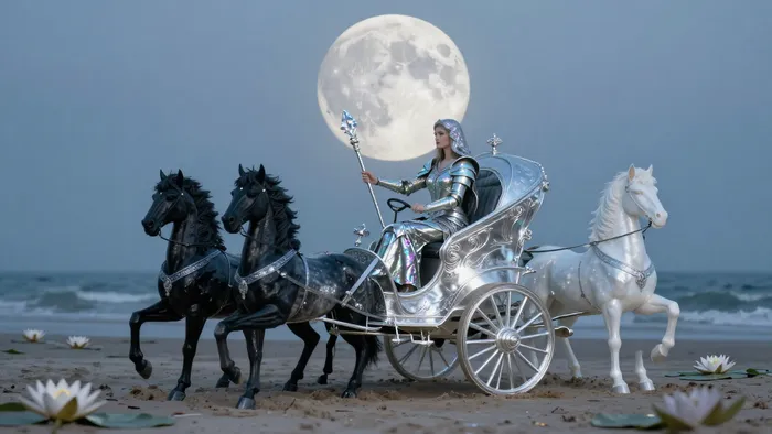 Аркан Колесница в стиле знака зодиака Рак: серебряная повозка на берегу моря под полной луной, символизирующая защиту и интуицию.