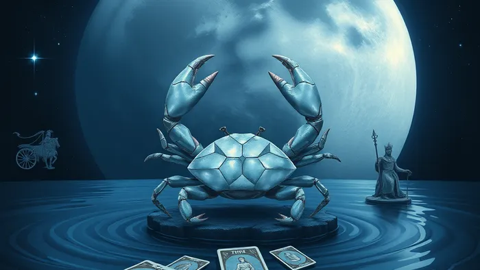 Символическое изображение знака Рака в центре Луны, окруженное парящими картами Таро (Верховная Жрица, Колесница, Рыцарь Кубков) в глубоких темно-синих водах. Ночное небо с планетами.