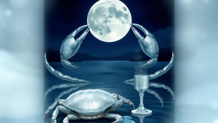 Символическое изображение знака Рака, интегрированное с арканами Луны и Кубков Таро на фоне ночного водного пейзажа.