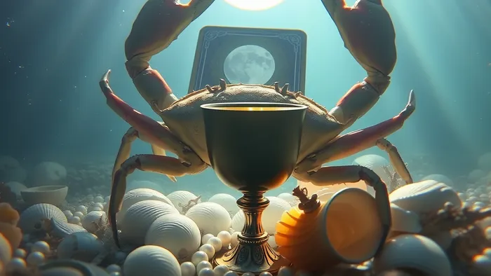 Символическое изображение: знак зодиака Рак (краб) и аркан Луна из Таро сливаются в подводном мире, где свет луны освещает чашу (Кубок Таро) среди ракушек. Иллюстрация связи эмоций, подсознания и любви.