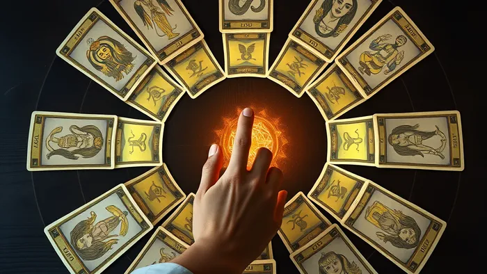 Расклад карт Таро по системе двенадцати домов гороскопа, выложенных по кругу на тёмном дереве.