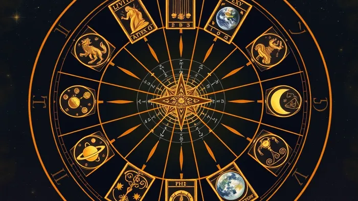 Символическая иллюстрация: колесо натальной карты из 12 домов, в каждом из которых парит карта Таро и астрологические символы на фоне звездного неба.