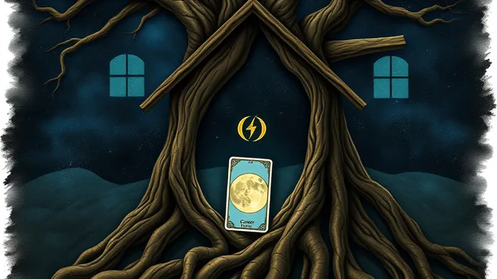 Символическое изображение 4 дома: корни дерева, фундамент дома, лунный свет и карта Таро, объединенные в мистической композиции.