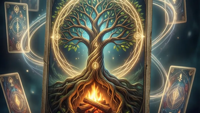 Символическое изображение карты Таро, представляющей семейное древо и судьбу семьи, окруженной другими арканами.