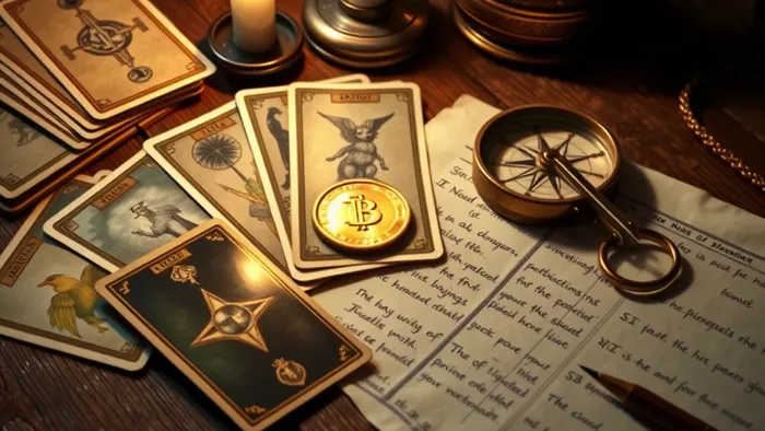 Символическая композиция: расклад карт Таро масти Пентакли на старом деревянном столе рядом с золотой монетой, компасом и рукописными финансовыми заметками при свете свечи.