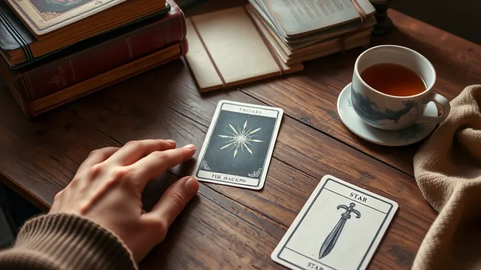 Рука раскладывает карты Таро на деревянном столе рядом с учебниками и чашкой чая. Символика подготовки к экзамену через интуитивные практики.